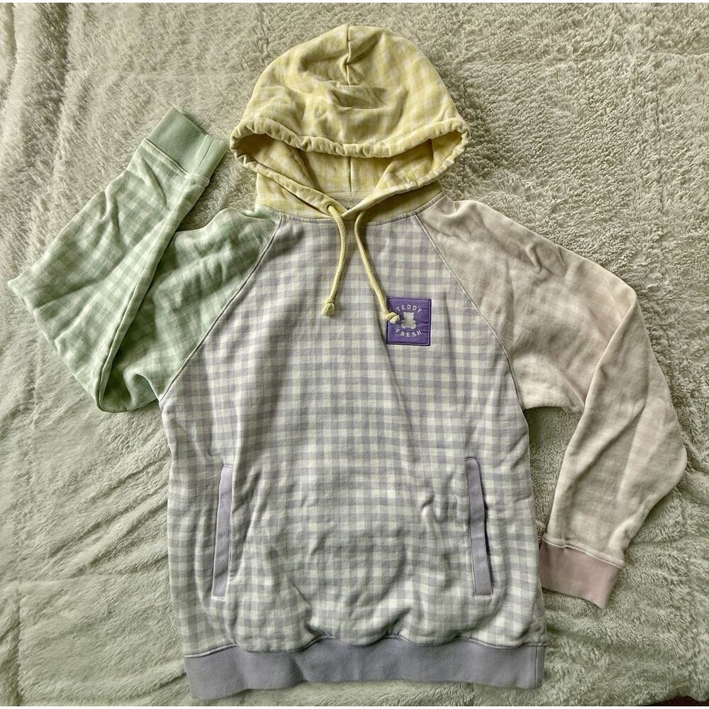 Teddy Fresh Pastel Gingham Color Block Hoodie Size Medium 100% Cotton